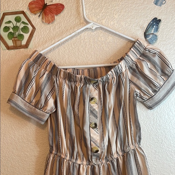 Striped Off-Shoulder Dress with Button Detail - Picture 2 of 7